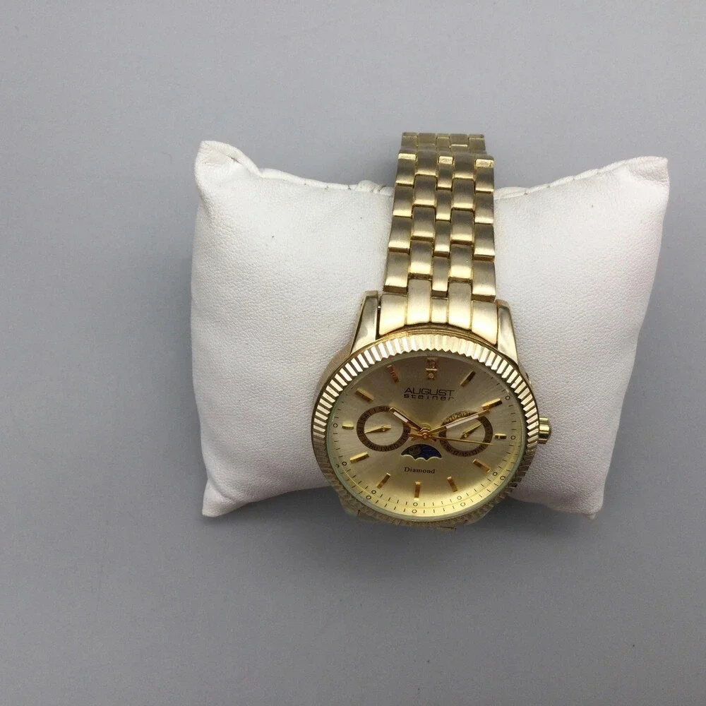 August Steiner Men Watch 40mm Gold Tone Multi-Function Moon Phase New Battery 9